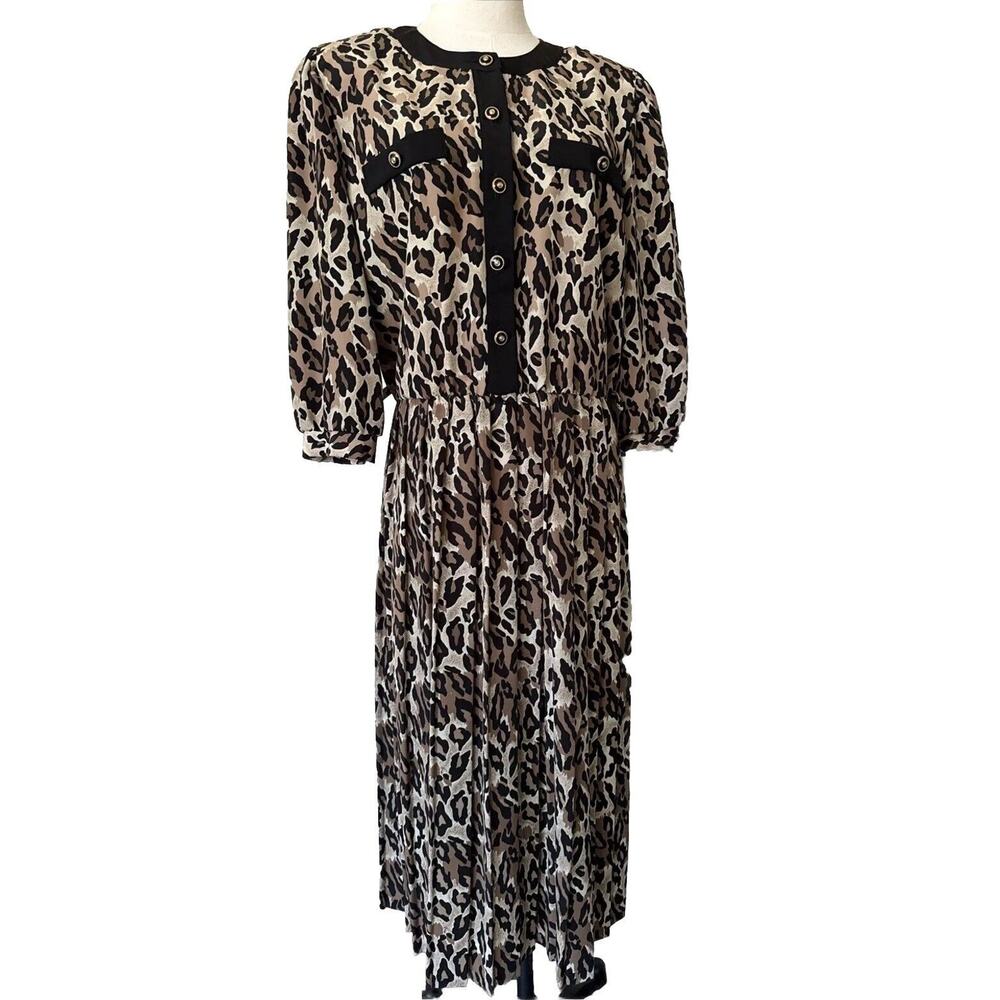 Vintage Leopard Formal Dress Preppy Shoulder Pads Brown Black 3/4 Sleeve Size L